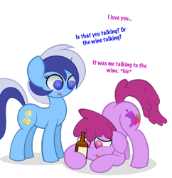 Size: 1024x1060 | Tagged: safe, artist:askshalua, imported from derpibooru, berry punch, berryshine, minuette, pony, alcohol, duo, food, oenophilia, wine, wine bottle