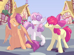 Size: 1600x1200 | Tagged: safe, artist:fizzy-dog, imported from derpibooru, apple bloom, scootaloo, sweetie belle, earth pony, pegasus, pony, unicorn, bow, cutie mark crusaders, eyes closed, female, grin, hair bow, one eye closed, open mouth, ponyville, sitting, smiling, wink