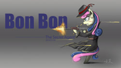 Size: 1920x1080 | Tagged: safe, artist:starlightyu, imported from derpibooru, bon bon, sweetie drops, earth pony, pony, ak-47, ak-74, assault rifle, badass, blood, bullet, clothes, coat, fedora, female, gun, hat, mare, rifle, scar, secret agent sweetie drops, solo, stockings, suit, weapon