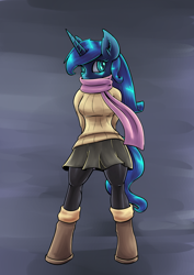 Size: 1280x1810 | Tagged: safe, artist:lovelyneckbeard, imported from derpibooru, princess luna, anthro, unguligrade anthro, arm behind back, boots, clothes, cute, female, looking at you, scarf, skirt, socks, solo, stockings, sweater, thigh highs