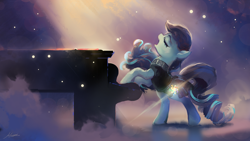 Size: 1920x1080 | Tagged: safe, artist:huussii, imported from derpibooru, coloratura, earth pony, pony, the mane attraction, beautiful, bipedal, eyes closed, female, fog, glow, glowing, glowing cutie mark, musical instrument, open mouth, piano, playing, rara, scene interpretation, signature, singing, solo, the magic inside, wallpaper, windswept mane