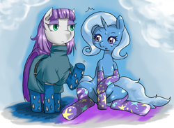 Size: 599x439 | Tagged: safe, artist:suzumaru, artist:wonton soup, imported from derpibooru, maud pie, trixie, pony, unicorn, clothes, collaboration, female, lesbian, mare, mauxie, shipping, socks