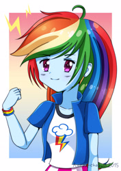 Size: 2480x3508 | Tagged: safe, artist:kateychazuu, imported from derpibooru, rainbow dash, equestria girls, 2015, clothes, cute, female, fist pump, jacket, photoshop, signature, skirt, solo, wacom, wristband