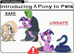 Size: 900x657 | Tagged: safe, artist:mistydash, imported from derpibooru, twilight sparkle, oc, oc:anon, dog, human, pony, snake, unicorn, :p, baby instructions, behaving like a cat, broom, caution, chest fluff, cute, exclamation point, eye contact, female, filly, filly twilight sparkle, floppy ears, frown, furry, gulp, holding a pony, leg fluff, looking at each other, looking back, mare, meme, open mouth, ophidiophobia, parody, pony instructions, push broom, pushing, raised hoof, scared, simple background, smiling, text, this will end in tears, tongue out, twiabetes, twilight cat, unicorn twilight, unsafe, upside down, white background, wide eyes