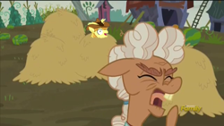 Size: 640x360 | Tagged: safe, edit, edited screencap, imported from derpibooru, screencap, braeburn, ma hooffield, earth pony, pony, the hooffields and mccolts, 1000 years in photoshop, bucktooth, discovery family logo, eyes closed, female, hay bale, hayburn, hooffield family, male, mare, meme, open mouth, stallion