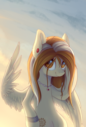 Size: 1917x2834 | Tagged: safe, artist:ghst-qn, imported from derpibooru, oc, oc only, pegasus, pony, bracelet, ear piercing, female, flying, jewelry, looking at you, looking up, mare, necklace, piercing, sky, smiling, solo, spread wings, wings