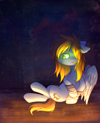 Size: 1024x1252 | Tagged: safe, artist:ghst-qn, imported from derpibooru, oc, oc only, pegasus, pony, bandage, ear fluff, fangs, female, floppy ears, frown, looking down, mare, sitting, solo