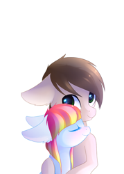 Size: 992x1388 | Tagged: safe, artist:ghst-qn, imported from derpibooru, oc, oc only, oc:melon-drop, pony, blushing, eyes closed, female, floppy ears, hug, looking at you, male, mare, oc x oc, shipping, simple background, smiling, stallion, straight