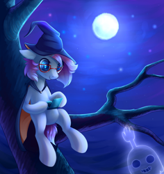 Size: 3571x3781 | Tagged: safe, artist:ghst-qn, imported from derpibooru, oc, oc only, ghost, pony, 3ds, cape, clothes, female, full moon, gamer, glasses, grin, hat, hi-five ghost, looking at you, looking down, mare, moon, night, outdoors, regular show, sitting, sitting in a tree, smiling, solo, stars, tree, tree branch, witch