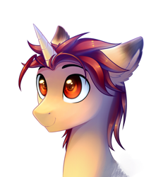 Size: 994x1126 | Tagged: safe, artist:ghst-qn, imported from derpibooru, oc, oc only, oc:brain smyth, pony, unicorn, bust, ear fluff, looking up, male, simple background, smiling, solo, stallion