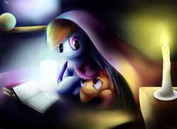 Size: 2883x2100 | Tagged: safe, artist:camyllea, imported from derpibooru, rainbow dash, scootaloo, pegasus, pony, bed, bedtime story, blanket, book, candle, candlelight, cuddling, cute, female, filly, foal, hug, lantern, looking at each other, looking at someone, lying down, mare, night, prone, scootalove, smiling, winghug, wings