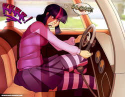 Size: 3375x2625 | Tagged: safe, artist:mrw32, imported from derpibooru, twilight sparkle, human, angry, car, censored vulgarity, clothes, female, grawlixes, humanized, sitting, socks, solo, striped socks, tatra, tatra t77, thigh highs, twilight being an angry driver, twilight sparkle is not amused, unamused