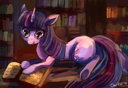Size: 1280x886 | Tagged: safe, artist:cherivinca, imported from derpibooru, twilight sparkle, book, female, library, reading, solo