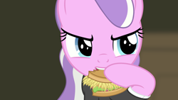 Size: 1450x816 | Tagged: safe, artist:bootsyslickmane, imported from derpibooru, diamond tiara, burger, clothes, eating, food, hay burger, hoof hold, movie reference, pulp fiction, simple background, suit