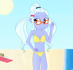 Size: 1249x1192 | Tagged: safe, artist:sutekh94, imported from derpibooru, sugarcoat, equestria girls, friendship games, beach, belly button, bikini, cleavage, clothes, female, glasses, solo, swimsuit