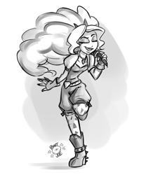 Size: 1280x1536 | Tagged: safe, artist:ponut_joe, imported from derpibooru, adagio dazzle, equestria girls, eyes closed, female, microphone, monochrome, open mouth, singing, solo