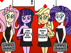 Size: 1600x1200 | Tagged: safe, artist:djgames, imported from derpibooru, applejack, fluttershy, rarity, twilight sparkle, equestria girls, card sharks, clothes, dress, game show, hatless, jim perry, missing accessory, sad