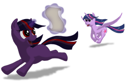 Size: 1920x1240 | Tagged: safe, artist:nebulastar985, imported from derpibooru, twilight sparkle, oc, oc:midnight star, alicorn, pony, fanfic:midnight star, checklist, duo, female, glowing horn, horn, magic, mare, simple background, telekinesis, transparent background, twilight sparkle (alicorn)