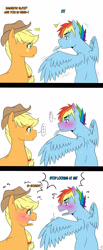Size: 1280x3094 | Tagged: safe, artist:marima15, imported from derpibooru, applejack, rainbow dash, pegasus, pony, appleblitz (straight), appledash, awkward, blushing, comic, embarrassed, feather, female, half r63 shipping, male, mouth hold, preening, rainbow blitz, rule 63, shipping, spread wings, straight, yelling