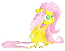 Size: 1339x1048 | Tagged: safe, artist:raiwee, imported from derpibooru, fluttershy, female, floppy ears, gritted teeth, looking at something, looking away, simple background, sitting, solo, traditional art, white background
