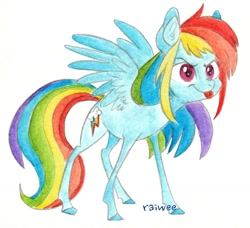 Size: 1060x966 | Tagged: safe, artist:raiwee, imported from derpibooru, rainbow dash, female, simple background, solo, spread wings, standing, tongue out, traditional art