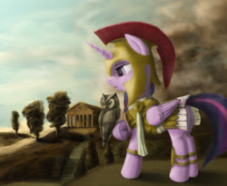 Size: 3658x3000 | Tagged: safe, artist:plotcore, imported from derpibooru, owlowiscious, twilight sparkle, alicorn, owl, pony, armor, armor skirt, athena sparkle, clothes, female, mare, scenery, skirt, solo, technically an upskirt shot, twilight sparkle (alicorn)