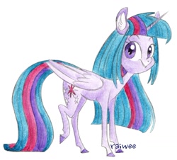 Size: 1191x1077 | Tagged: safe, artist:raiwee, imported from derpibooru, twilight sparkle, alicorn, pony, female, folded wings, looking at you, mare, simple background, solo, standing, traditional art, twilight sparkle (alicorn), white background