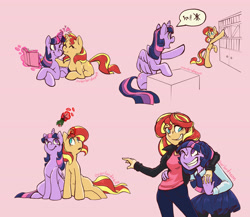 Size: 4500x3900 | Tagged: safe, artist:overlordneon, imported from derpibooru, sunset shimmer, twilight sparkle, alicorn, pony, unicorn, equestria girls, absurd resolution, bipedal, bipedal leaning, book, cheek kiss, cute, female, grin, holding hands, holly, holly mistaken for mistletoe, horses doing human things, hug, in the human world for too long, kissing, leaning, lesbian, magic, prone, shimmerbetes, shipping, smiling, snuggling, sunsetsparkle, telekinesis, twiabetes, twilight sparkle (alicorn)
