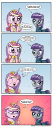 Size: 1000x2359 | Tagged: safe, artist:daniel-sg, imported from derpibooru, maud pie, princess cadance, angry, blushing, burn, clothes, comic, crown, deadpan snarker, eyes closed, eyeshadow, female, heart, imminent beatdown, implied weight gain, jewelry, looking at each other, makeup, mare, maud burns, open mouth, pregnant, regalia, rekt, smiling, speech bubble, this will end in death, this will end in pain, unamused, when she smiles