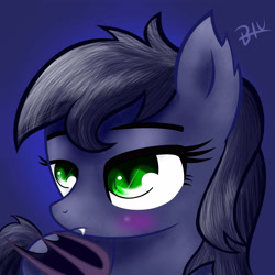 Size: 4000x4000 | Tagged: safe, artist:blupolicebox, imported from derpibooru, oc, oc only, oc:halfmoon, bat pony, pony, absurd resolution, blushing, fangs, green eyes, solo, unamused