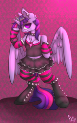 Size: 950x1500 | Tagged: safe, artist:poisindoodles, imported from derpibooru, twilight sparkle, alicorn, pony, bipedal, boots, chest fluff, choker, clothes, ear fluff, emo, female, goth, lidded eyes, midriff, pantyhose, skirt, socks, solo, spiked choker, spread wings, stockings, striped socks, tiara, twilight sparkle (alicorn)