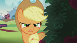 Size: 1366x768 | Tagged: safe, imported from derpibooru, screencap, applejack, the mane attraction, frown