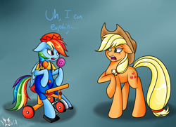 Size: 1800x1300 | Tagged: safe, artist:novaspark, imported from derpibooru, applejack, rainbow dash, pony, duo, parody, prehibernation week, spongebob squarepants, tricycle, uhh i can explain