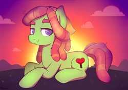 Size: 2500x1773 | Tagged: safe, artist:moozua, imported from derpibooru, tree hugger, earth pony, pony, female, hippie, looking at you, mare, prone, signature, smiling, smiling at you, solo, sunset