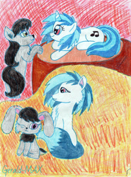 Size: 769x1039 | Tagged: safe, artist:gerald-max, imported from derpibooru, dj pon-3, octavia melody, vinyl scratch, dog, rabbit, species swap, traditional art