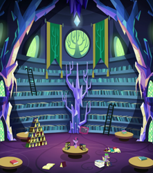 Size: 1280x1446 | Tagged: safe, composite screencap, edit, imported from derpibooru, screencap, spike, twilight sparkle, alicorn, pony, made in manehattan, banner, book, case, comic book, crystal, female, ladder, library, magic, mare, reading, scenery, shelf, stack, stained glass, table, telekinesis, tree, twilight sparkle (alicorn), twilight's castle, twilight's castle library