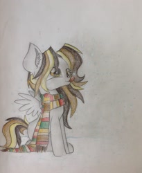 Size: 1936x2364 | Tagged: safe, artist:kaatseye, imported from derpibooru, oc, oc only, unnamed oc, clothes, offspring, parent:derpy hooves, parent:doctor whooves, parents:doctorderpy, scarf, snow, snowfall, solo, traditional art