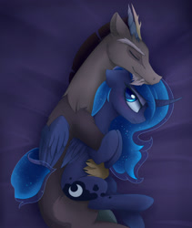 Size: 1600x1896 | Tagged: safe, artist:magnaluna, imported from derpibooru, discord, princess luna, blushing, cuddling, eyes closed, female, lunacord, male, on side, shipping, side, smiling, snuggling, spooning, straight