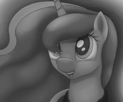 Size: 2160x1800 | Tagged: safe, artist:conscious-aberration, imported from derpibooru, princess luna, cute, female, grayscale, monochrome, open mouth, portrait, smiling, solo