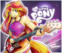 Size: 1024x878 | Tagged: safe, artist:fullb0dy, imported from derpibooru, sunset shimmer, equestria girls, rainbow rocks, armpits, electric guitar, female, guitar, musical instrument, my little pony logo, ponied up, pony ears, sleeveless, solo, sunset shredder, watermark