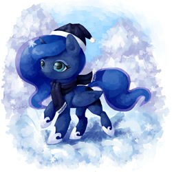 Size: 2000x2000 | Tagged: safe, artist:solar-claw, imported from derpibooru, princess luna, clothes, female, hat, scarf, snow, snowfall, solo