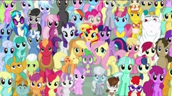 Size: 1230x691 | Tagged: safe, edit, edited screencap, imported from derpibooru, screencap, aloe, apple bloom, applejack, berry punch, berryshine, big macintosh, bon bon, bulk biceps, carrot cake, carrot top, cheerilee, cherry berry, cloudchaser, cup cake, daisy, derpy hooves, diamond tiara, dj pon-3, doctor whooves, flitter, flower wishes, fluttershy, golden harvest, granny smith, lemon hearts, lily, lily valley, linky, lotus blossom, lyra heartstrings, mayor mare, minuette, octavia melody, pinkie pie, pipsqueak, pokey pierce, pound cake, pumpkin cake, rainbow dash, rarity, roseluck, scootaloo, sea swirl, seafoam, shoeshine, silver spoon, snails, snips, spike, sunset shimmer, sweetie belle, sweetie drops, thunderlane, time turner, twilight sparkle, twinkleshine, twist, vinyl scratch, alicorn, earth pony, pony, unicorn, the cutie re-mark, cake family, colt, cutie mark crusaders, everypony at s5's finale, female, flower trio, friends are always there for you, glasses, group photo, looking at you, male, mane seven, mane six, mare, spa twins, twilight sparkle (alicorn), wall of tags