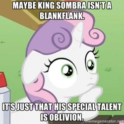 Size: 500x500 | Tagged: safe, edit, edited screencap, imported from derpibooru, screencap, king sombra, sweetie belle, the cutie re-mark, caption, cutie mark, exploitable meme, image macro, meme, obligatory pony, sudden clarity sweetie belle