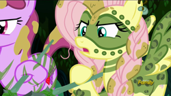 Size: 1920x1080 | Tagged: safe, imported from derpibooru, screencap, berry punch, berryshine, fluttershy, the cutie re-mark, alternate timeline, chrysalis resistance timeline, discovery family logo, tribalshy