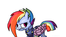 Size: 1280x720 | Tagged: safe, artist:mojo1985, imported from derpibooru, rainbow dash, the cutie re-mark, amputee, apocalypse dash, artificial wings, augmented, clothes, crystal war timeline, glare, gritted teeth, mechanical wing, prosthetic limb, prosthetic wing, prosthetics, scar, torn ear, uniform, wings