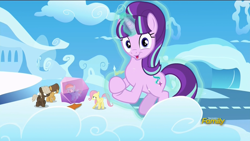 Size: 1920x1080 | Tagged: safe, imported from derpibooru, screencap, dumbbell, fluttershy, hoops, rainbow dash, starlight glimmer, the cutie re-mark, discovery family logo, levitation, magic, s5 starlight, self-levitation, starlight says bravo, telekinesis