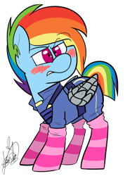 Size: 1138x1600 | Tagged: safe, artist:befishproductions, imported from derpibooru, rainbow dash, the cutie re-mark, amputee, apocalypse dash, artificial wings, augmented, clothes, crystal war timeline, female, mechanical wing, prosthetic limb, prosthetic wing, prosthetics, signature, simple background, socks, solo, striped socks, torn ear, transparent background, wings