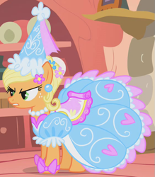 Size: 559x638 | Tagged: safe, imported from derpibooru, screencap, applejack, earth pony, pony, look before you sleep, angry, clothes, cropped, dress, female, froufrou glittery lacy outfit, glare, hennin, jewelry, mare, necklace, outfit catalog, pearl necklace, princess applejack, princess hat, solo