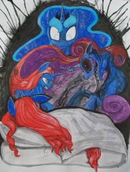 Size: 3152x4171 | Tagged: safe, artist:scribblepwn3, imported from derpibooru, princess luna, tantabus, oc, oc:midnight scribbler, alicorn, pony, dream, ink, nightmare, nightmare fuel, sleeping, traditional art, watercolor painting