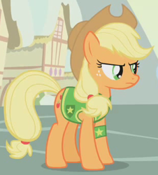 Size: 307x339 | Tagged: safe, imported from derpibooru, screencap, applejack, earth pony, pony, winter wrap up, clothes, cropped, female, mare, outfit catalog, plant team, solo, vest, winter wrap up vest